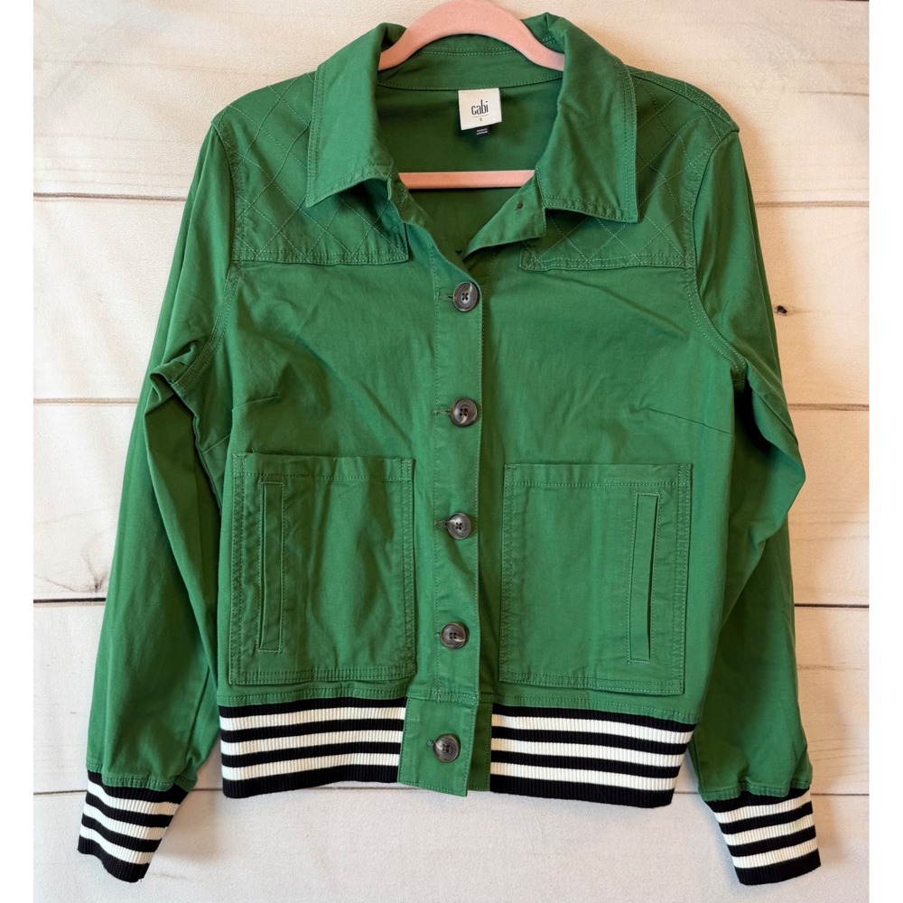 Cabi Green Varsity Jacket Striped Trim Quilted Shoulder Button Front Small 5852